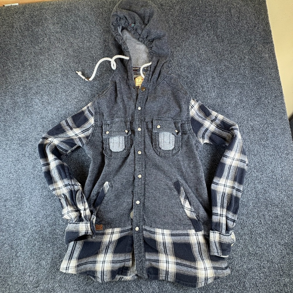 Creative Garments TFG Flannel Jacket Mens Medium Gray Plaid Hooded Snap Front